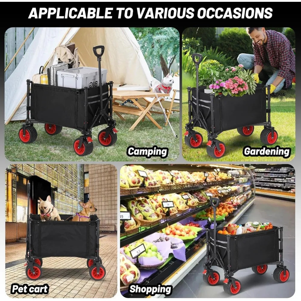 Collapsible Compact Wagon Cart, Heavy Duty 220LBS Capacity with All-Terrain Wheels & Brakes