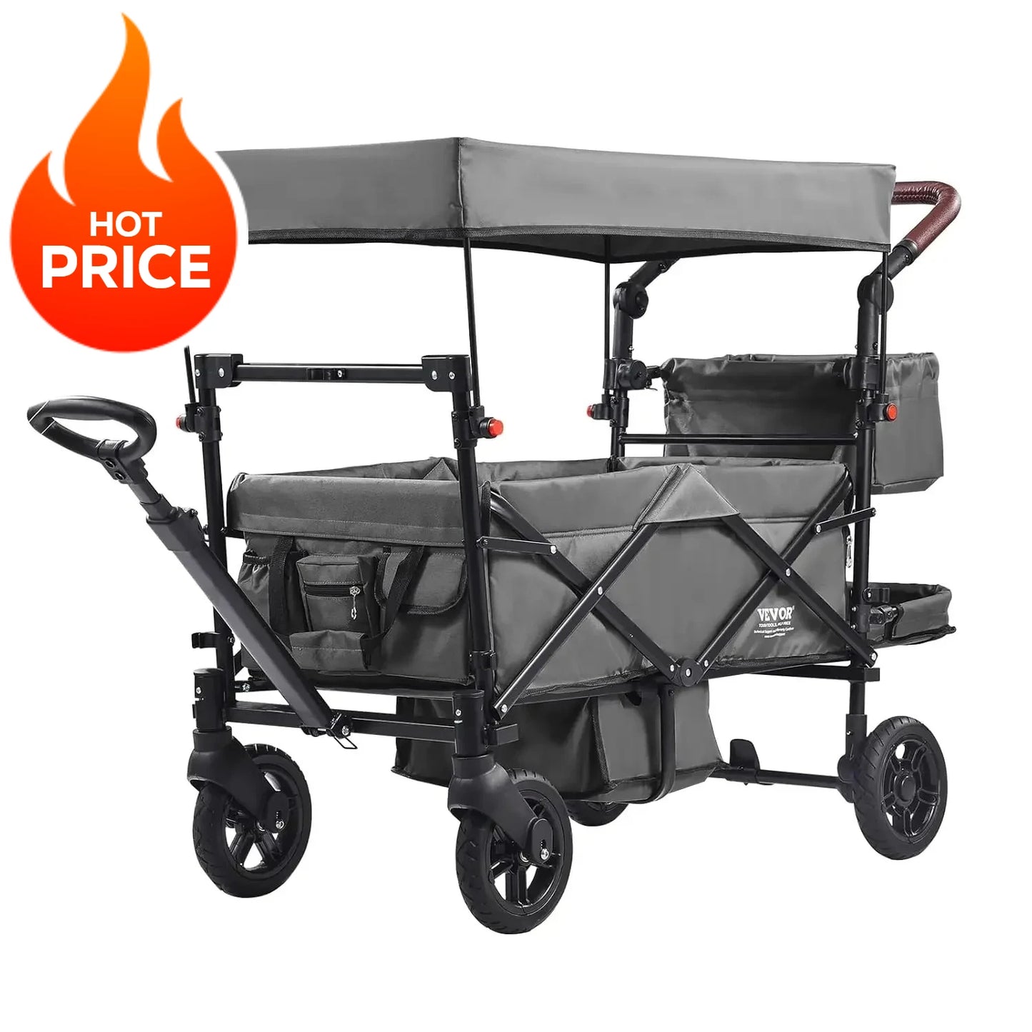 Wagon Stroller for 2 Kids, Push Pull Quad Collapsible Stroller with Adjustable Handle, Encircling Harness, Removable Canopy