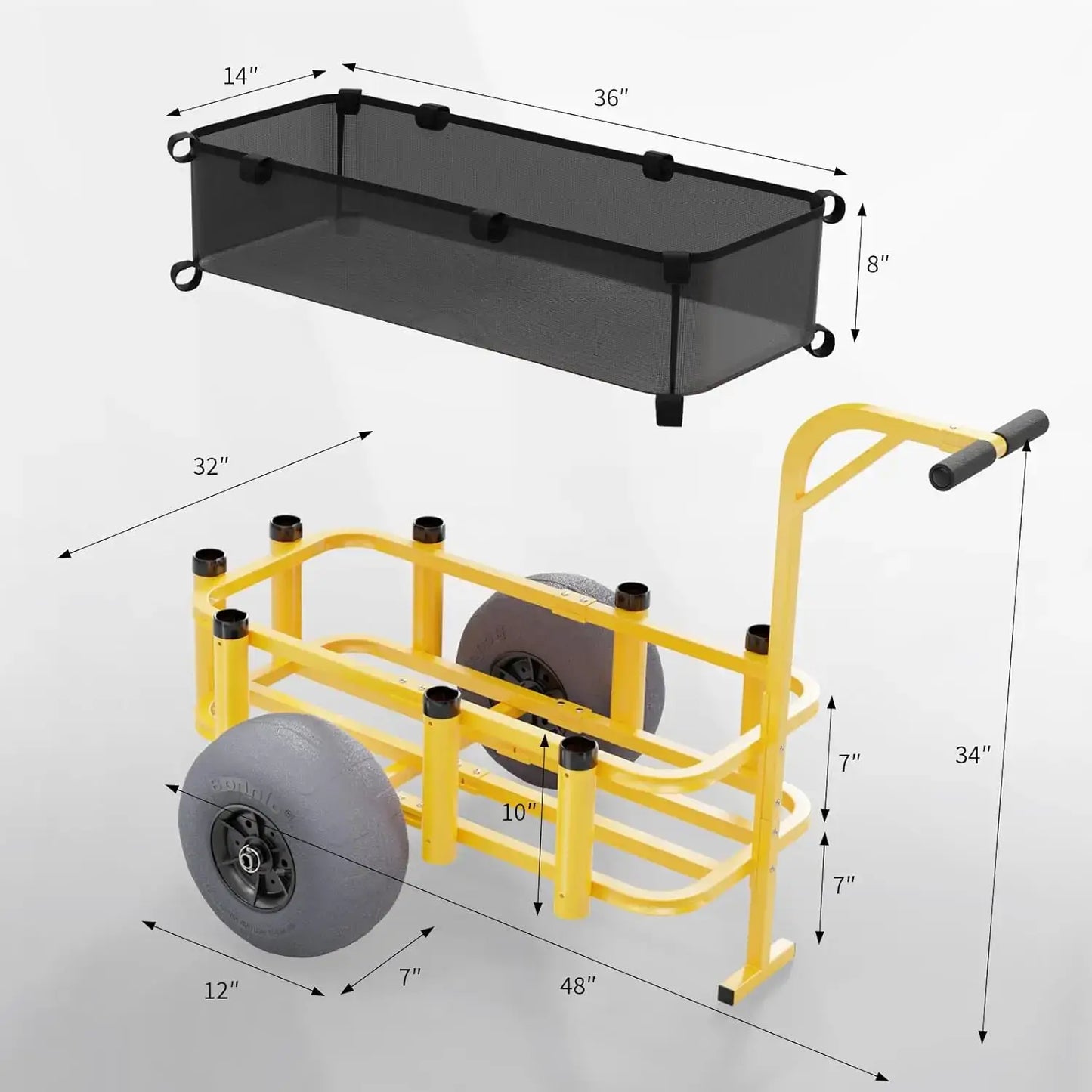 Fishing Cart Wagon with 13" Big Wheels, 300 lbs Load Capacity, 8 Fishing Rods Holders, Mesh Bag, Hand Pump - dimensions