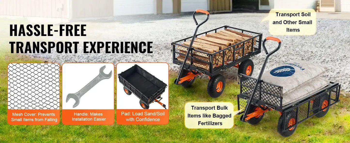 400lbs Heavy Duty Steel Yard Dump Cart, Wagon with Removable Sides Convert to Flatbed Utility Liner, 10in wheels - mesh cover
