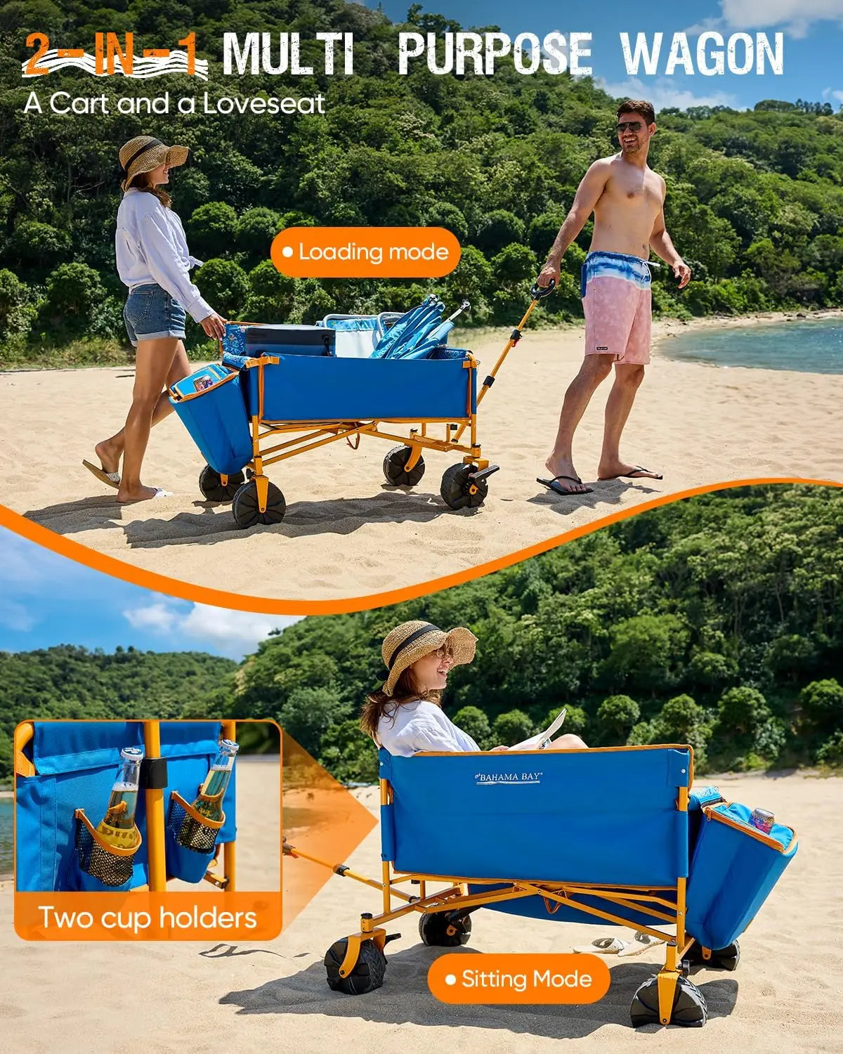 500lbs Love-Seat Wagon, Foldable, 3-in-1 Bench Wagon Seat for 2 Adults, Heavy Duty Utility Cart, 31L Detachable Cooler Bag, Adjustable