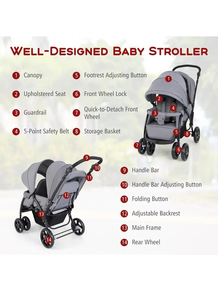 Double Stroller, Foldable Lightweight Infant Twin with Tandem Seating, 5-Point Harness, Recline Seat, Storage