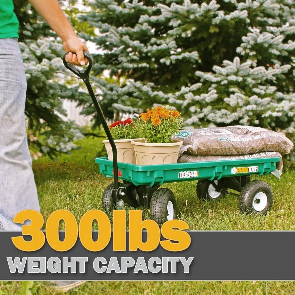 Farm Tuff Durable Plastic Deck Garden Wagon, Utility Cart with Pneumatic Tires for Outdoor Hauling, Green, 20" x 38"