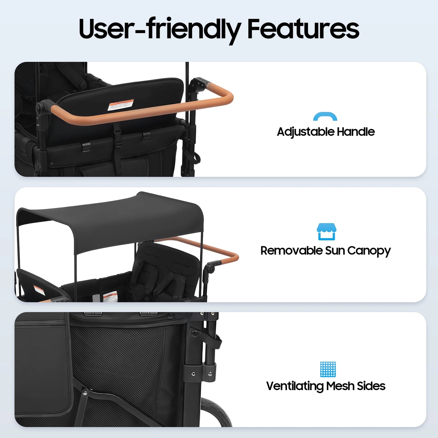 4 Seater Baby Wagon Stroller with Lockable Wheels, Extra Long Foldable Push chair with Adjustable Handle