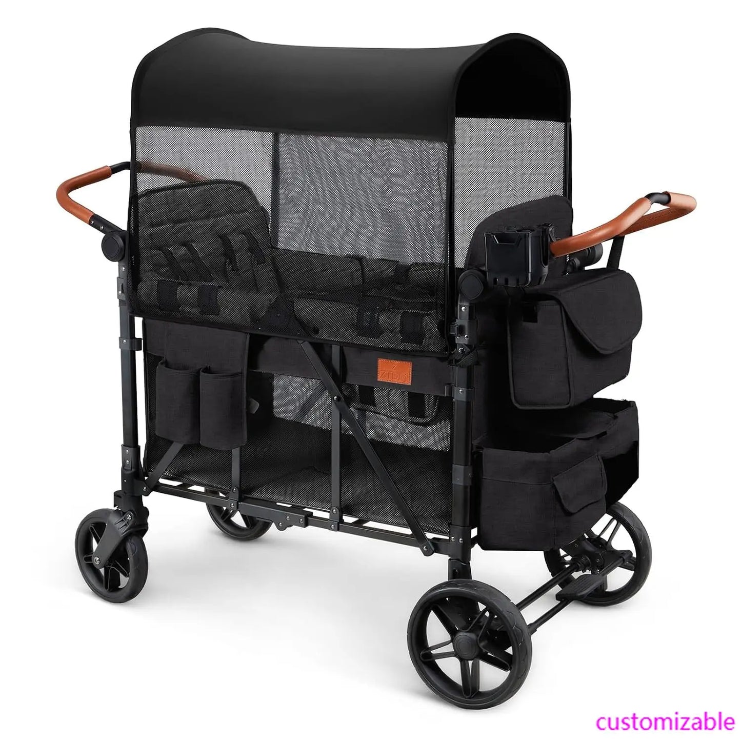Wagon Stroller for 4 Kids, All-Terrain Collapsible Wagon for Toddlers with Canopy, Parent Organizer, Shoulder Bag, Adjustable Handlebar