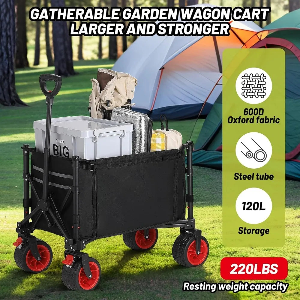 Collapsible Compact Wagon Cart, Heavy Duty 220LBS Capacity with All-Terrain Wheels & Brakes