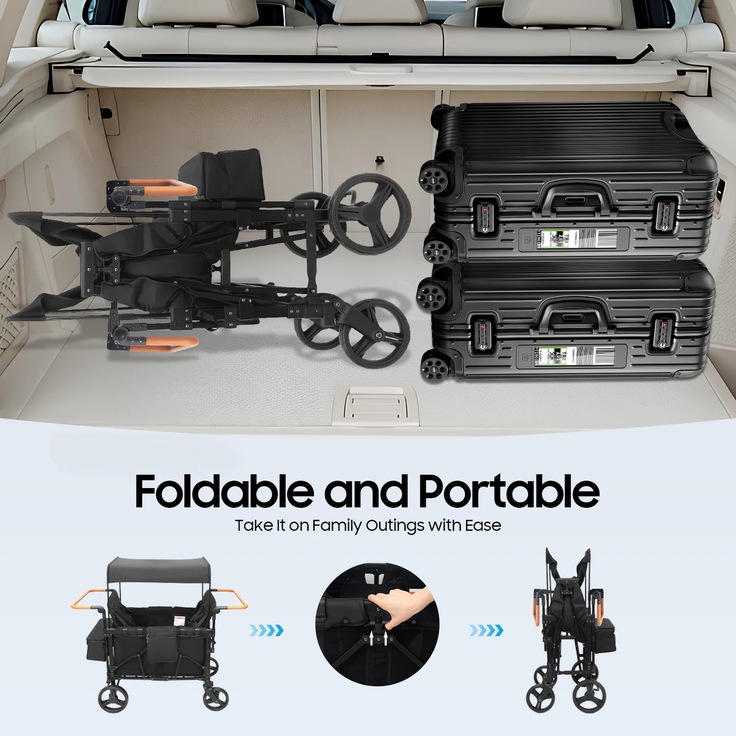 4 Seater Baby Wagon Stroller with Lockable Wheels, Extra Long Foldable Push chair with Adjustable Handle