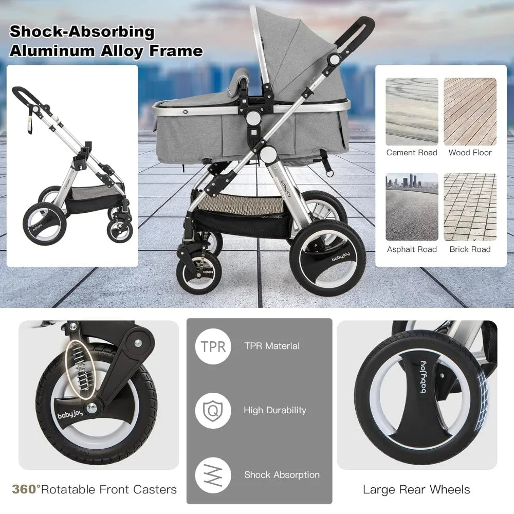 Baby Stroller, 2-in-1 Convertible Bassinet Reclining Stroller, Foldable Pram Carriage with 5-Point Harness, Including Cup Holde