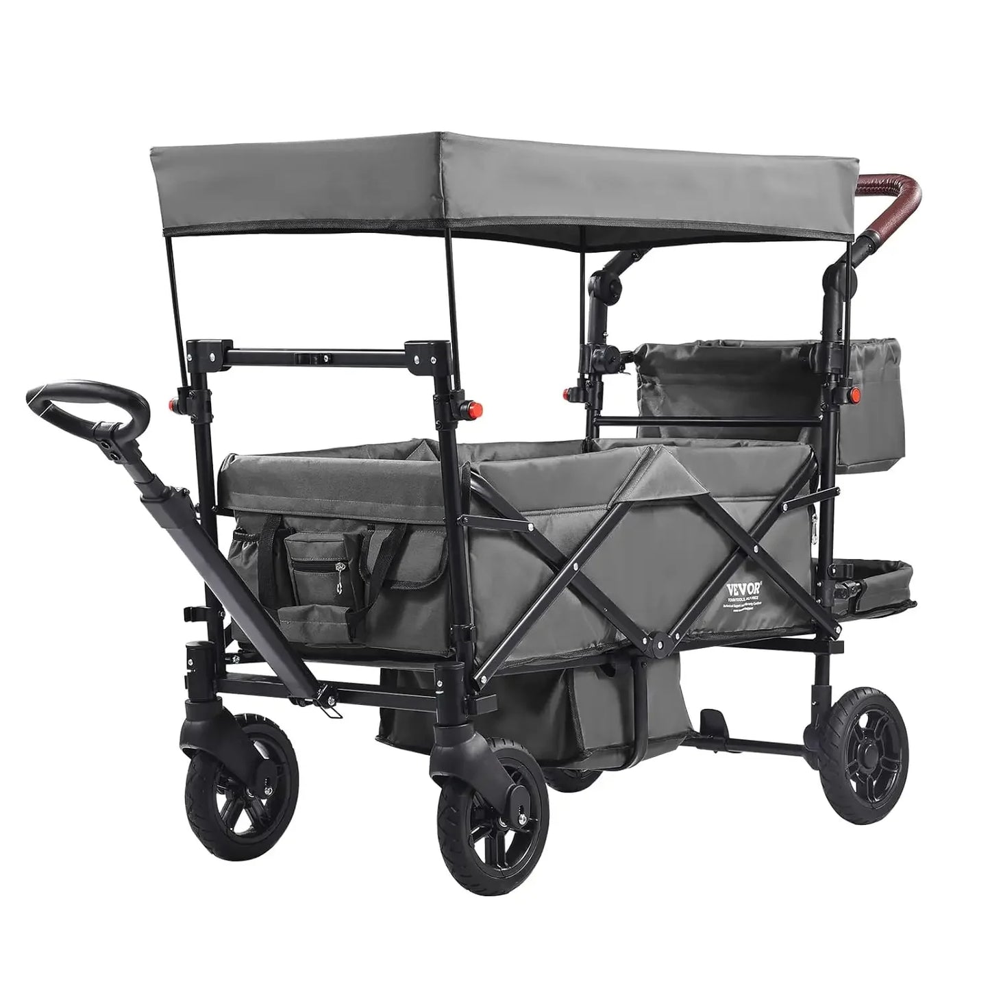 Wagon Stroller for 2 Kids, Push Pull Quad Collapsible Stroller with Adjustable Handle, Encircling Harness, Removable Canopy