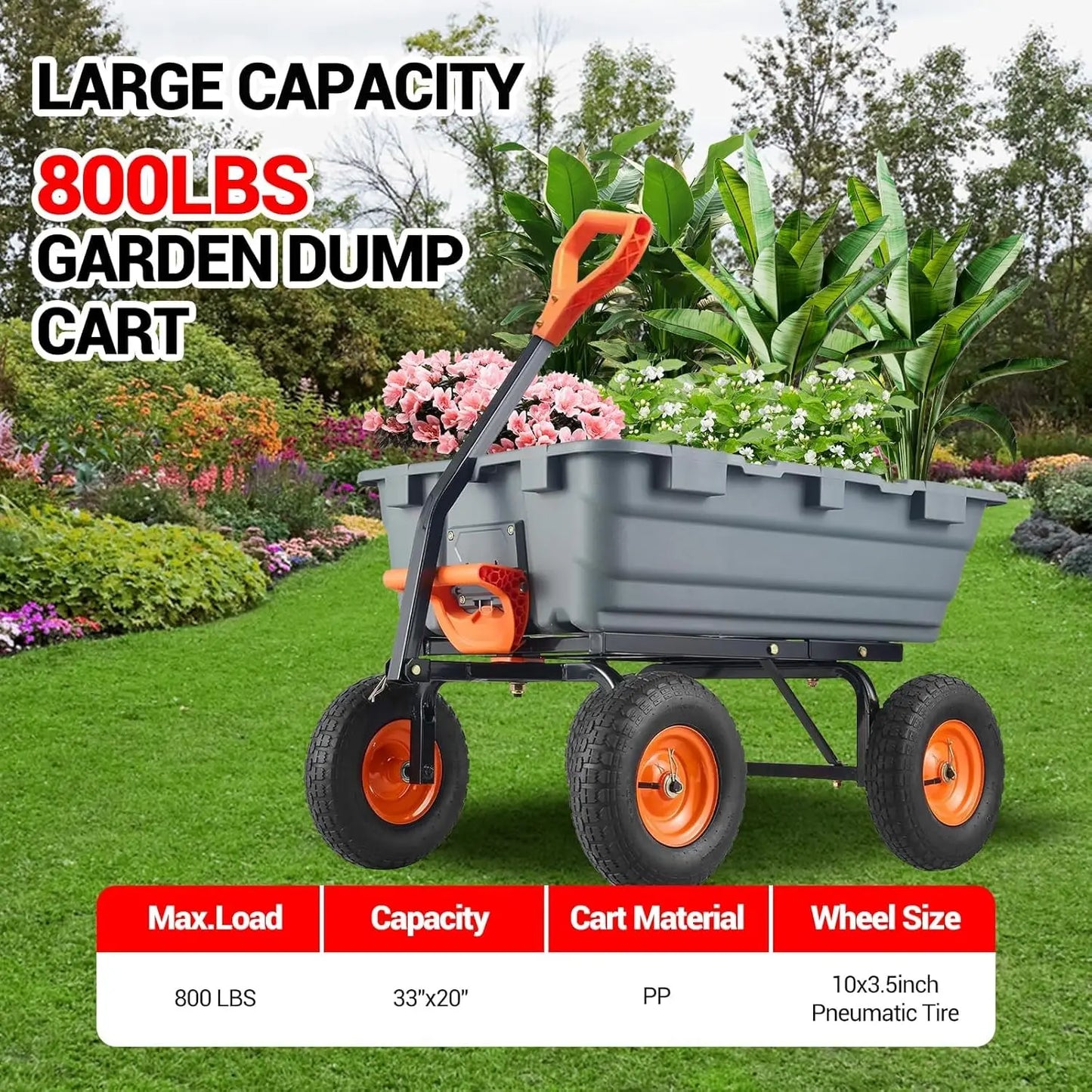Garden Dump Cart, Versatile Steel Frame, Utility Dump Wagon