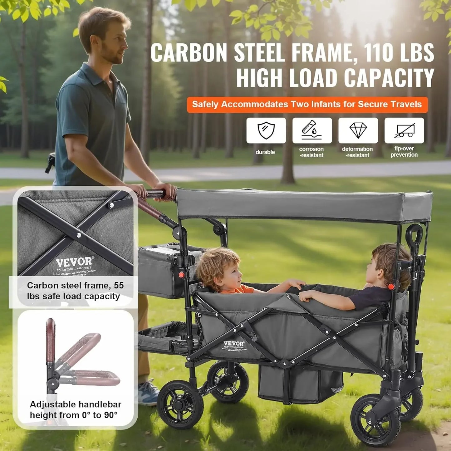 Wagon Stroller for 2 Kids, Push Pull Quad Collapsible Stroller with Adjustable Handle, Encircling Harness, Removable Canopy