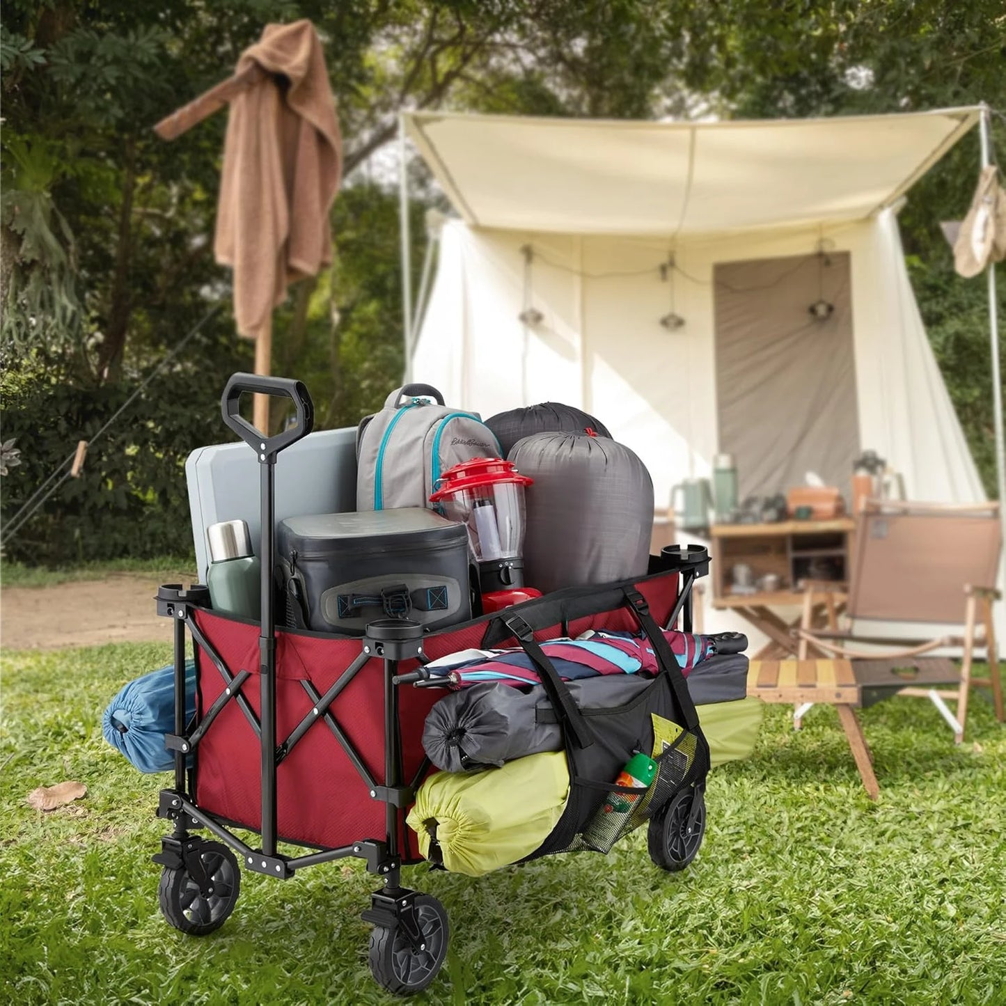 Foldable Wagon, Heavy Duty Collapsible Cart with Wheels, 7 Cu Ft, Red