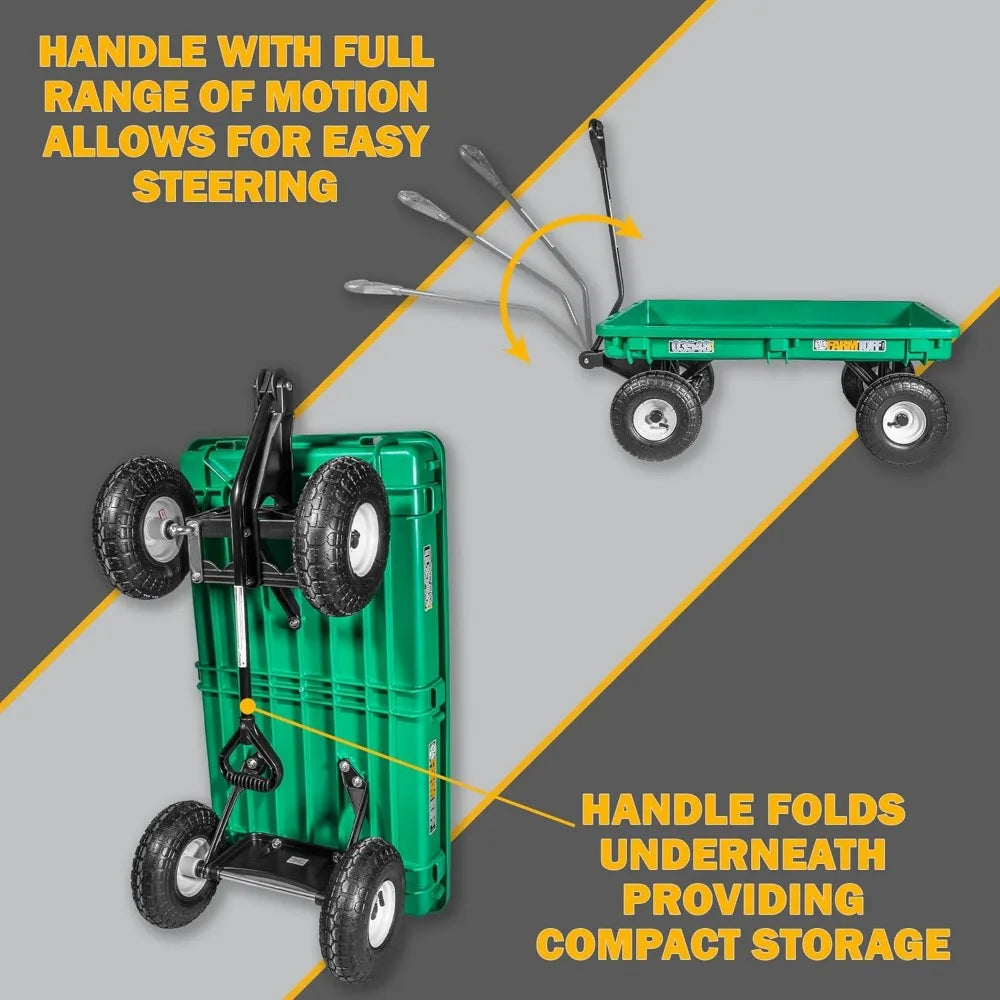 Farm Tuff Durable Plastic Deck Garden Wagon, Utility Cart with Pneumatic Tires for Outdoor Hauling, Green, 20" x 38"