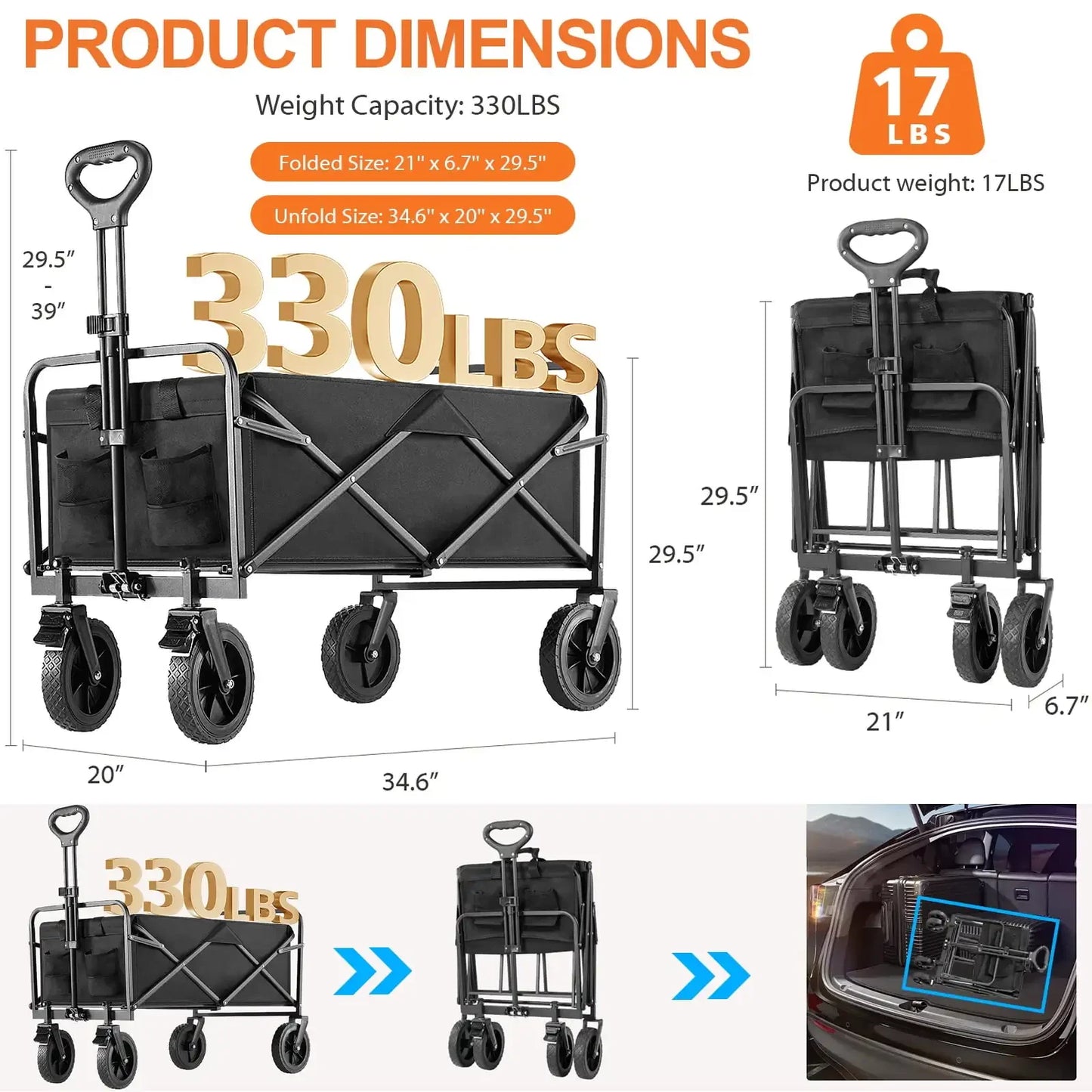 Folding Wagon, Large Capacity Heavy Duty Foldable Wagon Cart, Portable Utility Cart, All-Terrain Wheels
