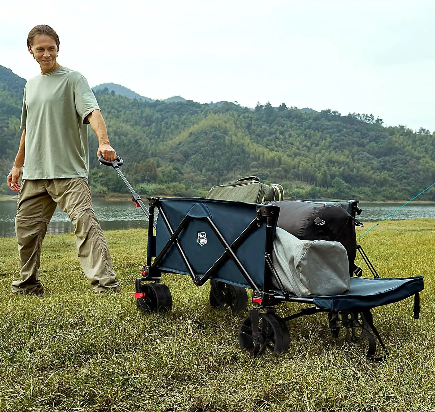 TIMBER RIDGE 47" L Collapsible Wagon with Tailgate & Brake, 300lbs Heavy Duty Beach Wagon with All-Terrain, Big Wheels 250L