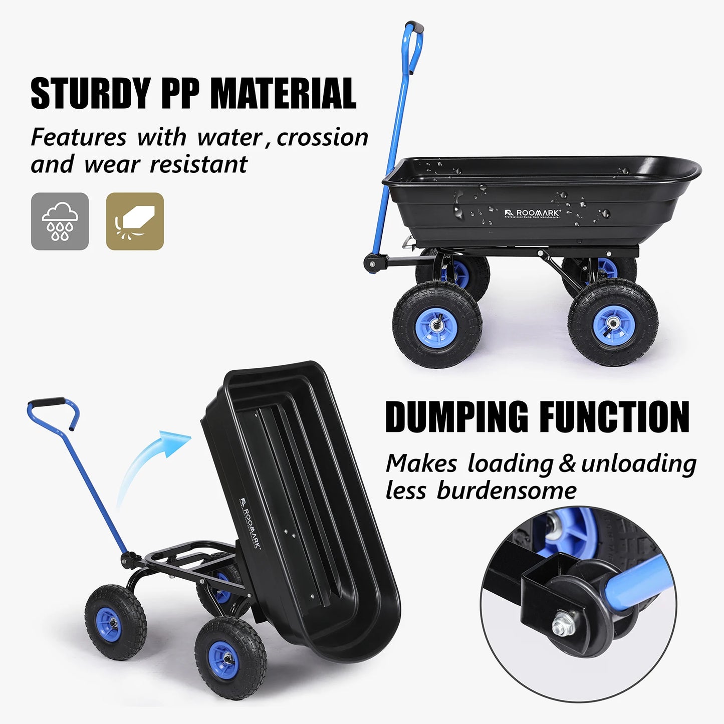 Garden Dump Cart w/ Quick Release System 600lb Yard Cart, Heavy Duty Poly Yard Dump Wagon w/ Adjustable Handle 10in Tires
