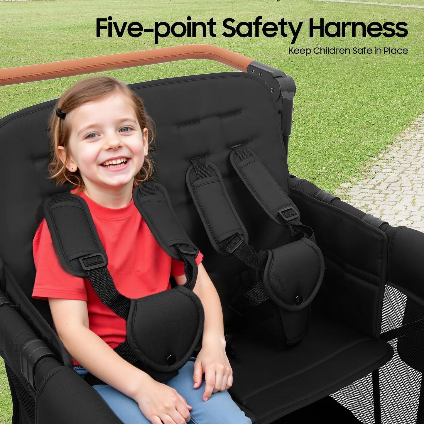4 Seater Baby Wagon Stroller with Lockable Wheels, Extra Long Foldable Push chair with Adjustable Handle
