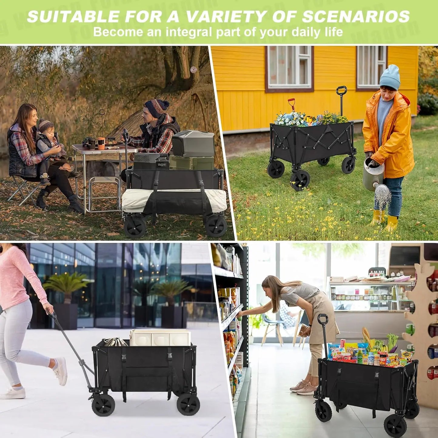 Foldable Wagons Carts, Collapsible Utility Cart, 300lbs, 130L with Side Pocket and Brakes