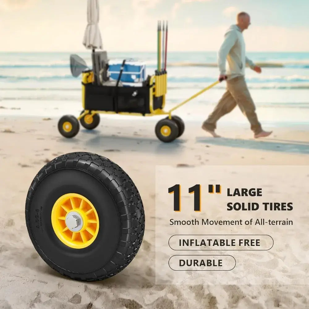 Fishing Cart, Foldable Trolley with 11" Airless Tires, Beach Trailer with Large Cargo Basket, 550 lbs Load Capacity, 8 Fishing Rod holders - large tires