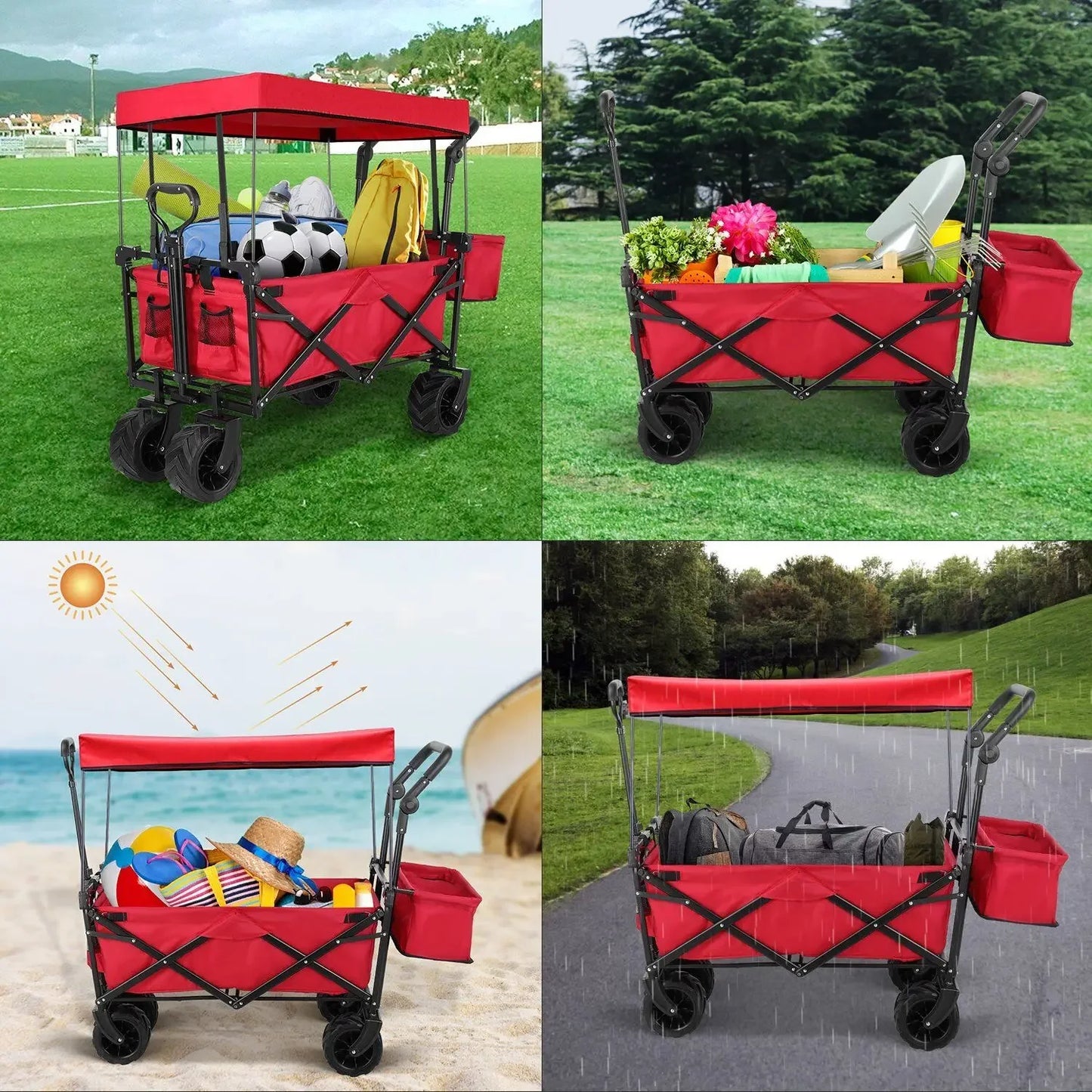 262L Collapsible Wagon cart with Removable Canopy, 115kg Capacity Push & Pull Utility Cart 600D Oxfort, Off-road wheel