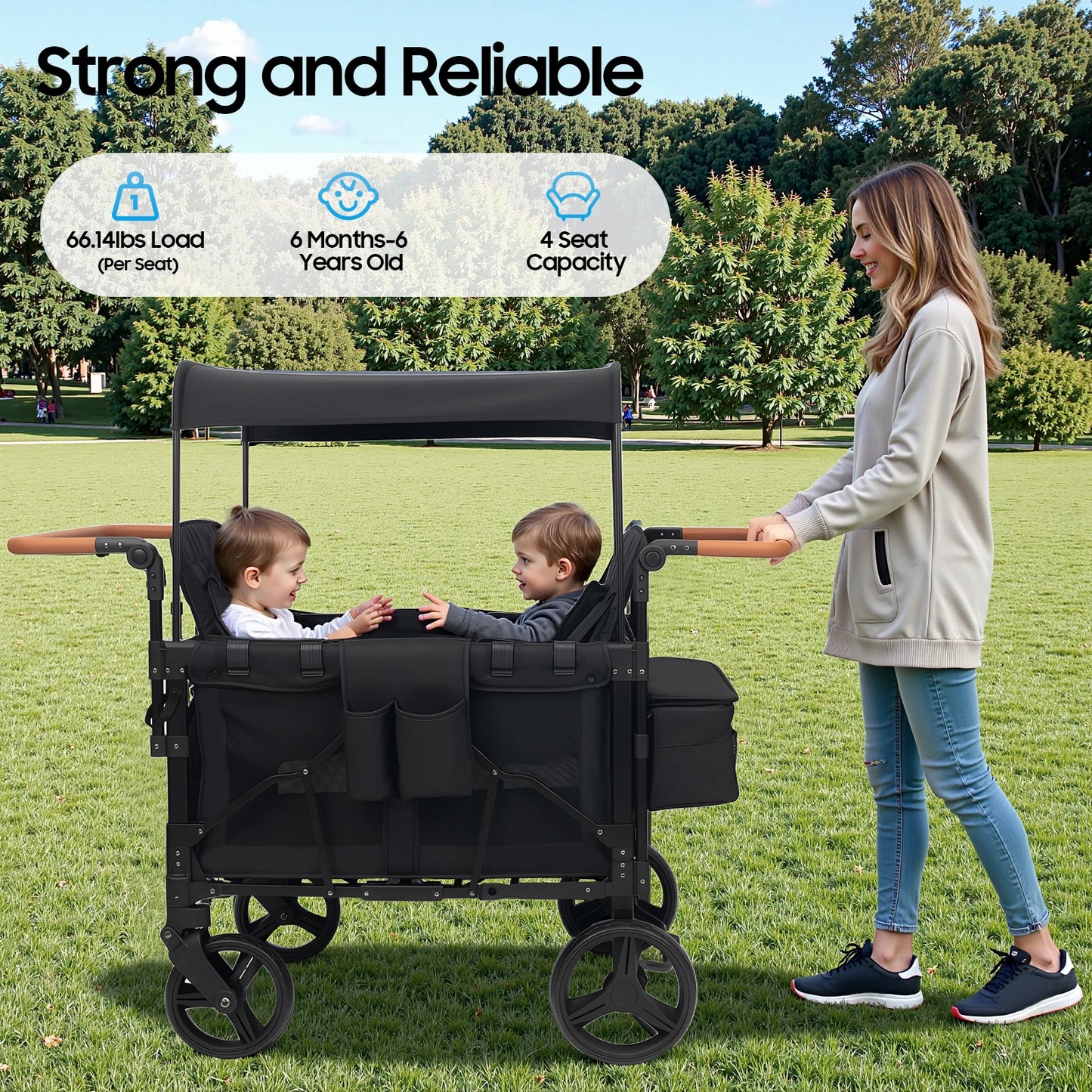 4 Seater Baby Wagon Stroller with Lockable Wheels, Extra Long Foldable Push chair with Adjustable Handle
