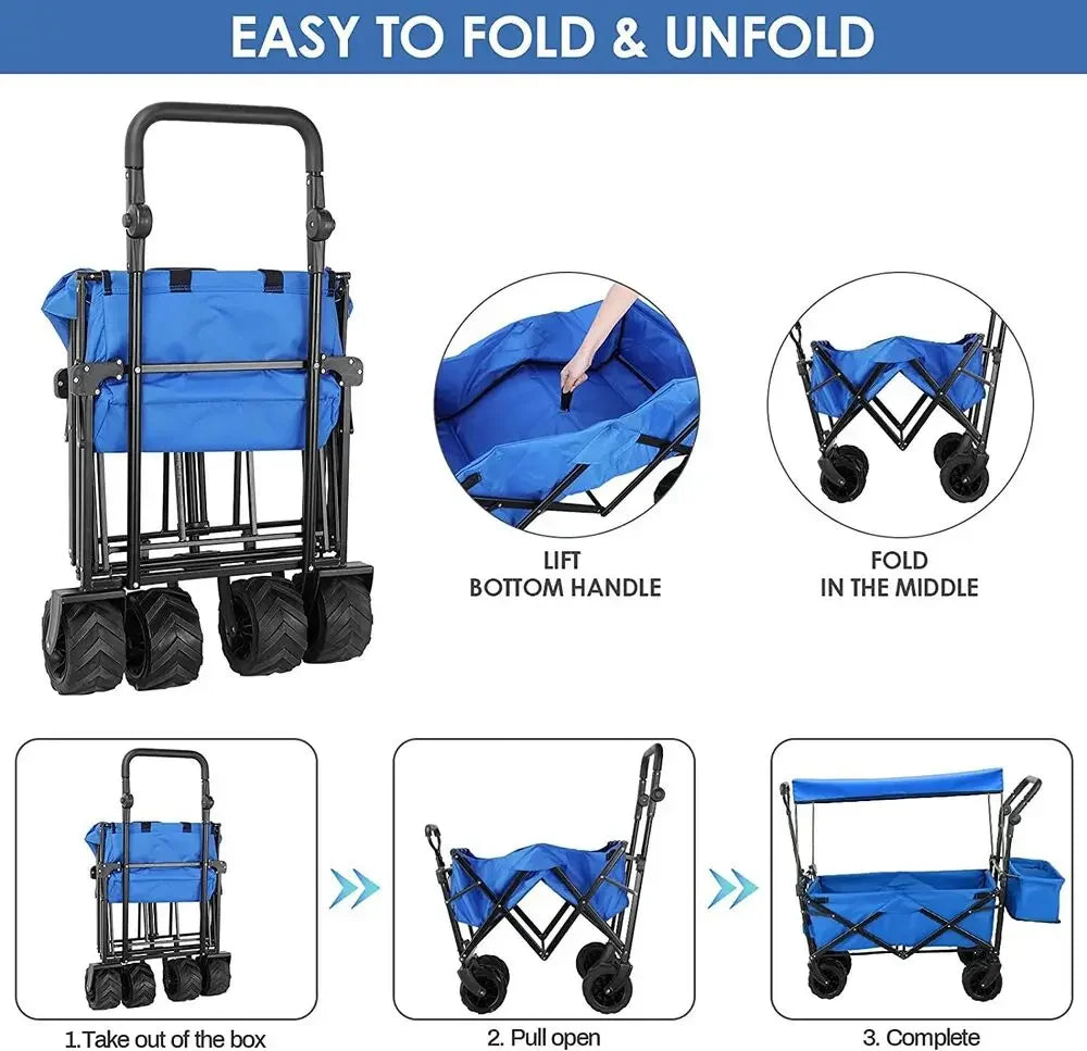 262L Collapsible Wagon cart with Removable Canopy, 115kg Capacity Push & Pull Utility Cart 600D Oxfort, Off-road wheel