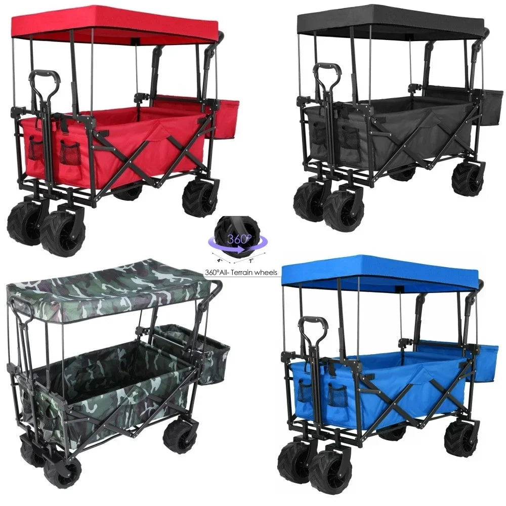 262L Collapsible Wagon cart with Removable Canopy, 115kg Capacity Push & Pull Utility Cart 600D Oxfort, Off-road wheel