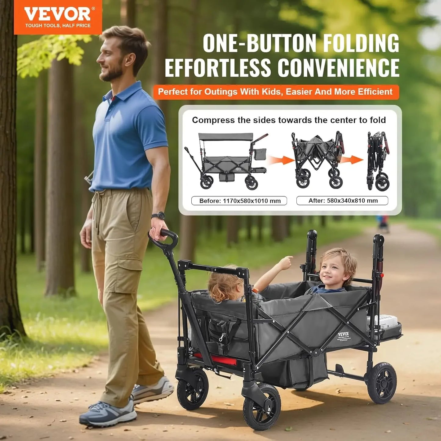 Wagon Stroller for 2 Kids, Push Pull Quad Collapsible Stroller with Adjustable Handle, Encircling Harness, Removable Canopy