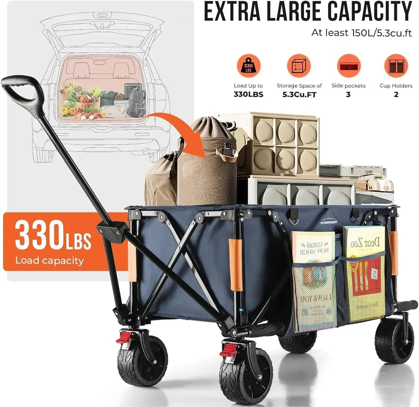 Collapsible Wagon Cart - All-Terrain 3.2in Wide Wheels - Foldable 150L Large Capacity with Side Pockets