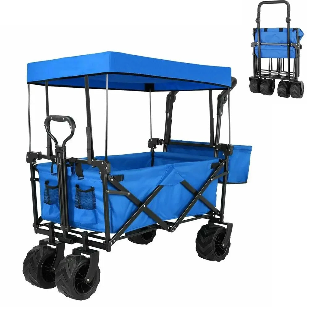 262L Collapsible Wagon cart with Removable Canopy, 115kg Capacity Push & Pull Utility Cart 600D Oxfort, Off-road wheel