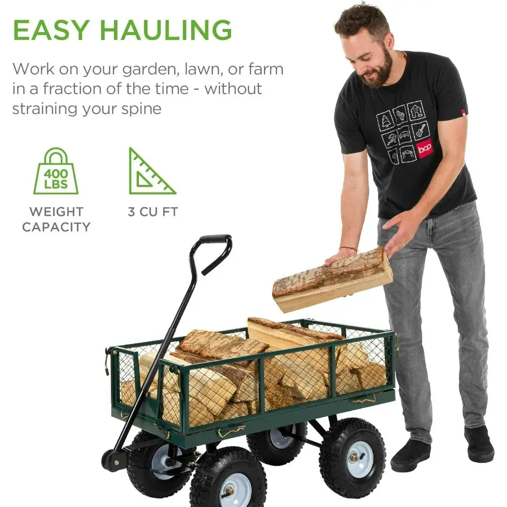 Heavy Duty Steel Garden Cart, 400lb Weight Capacity Wagons, Removable Sides, Long Handle, 10in Tires - Green - 400 lbs capacity
