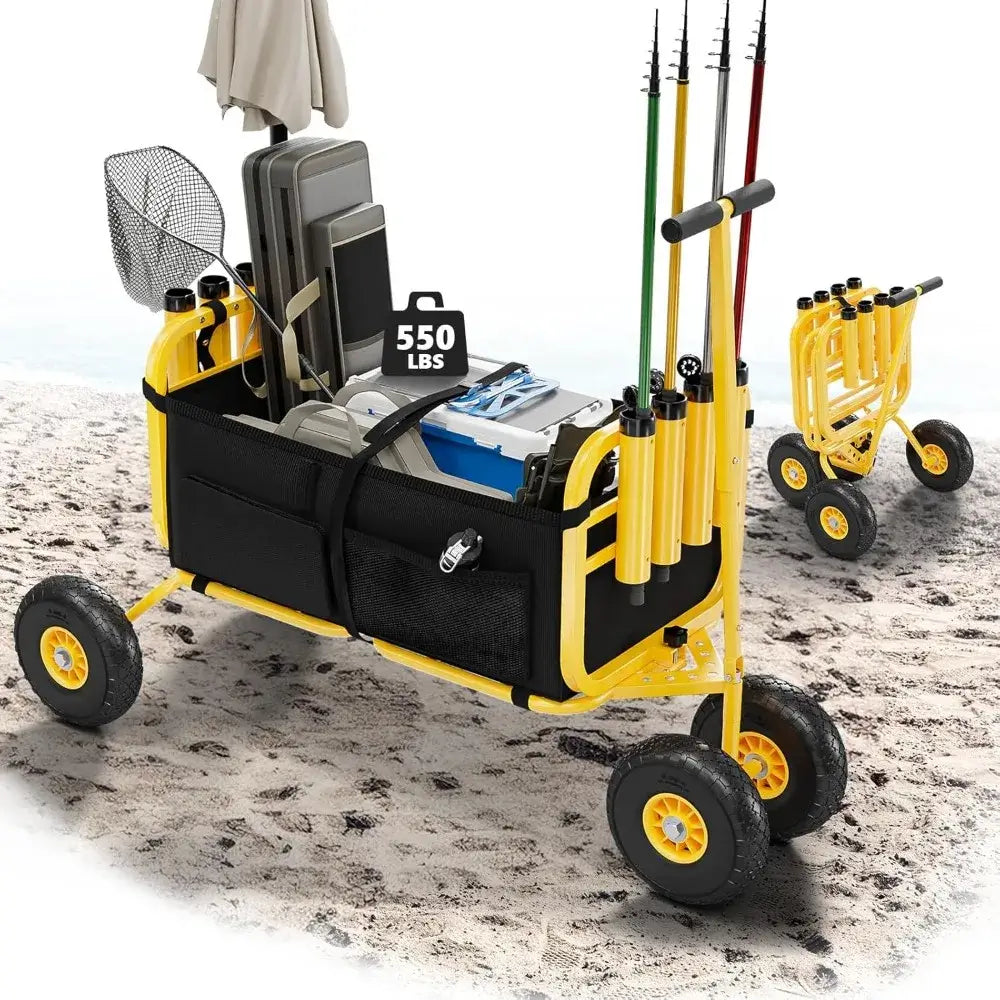 Fishing Cart, Foldable Trolley with 11" Airless Tires, Beach Trailer with Large Cargo Basket, 550 lbs Load Capacity, 8 Fishing Rod holders - collapsible