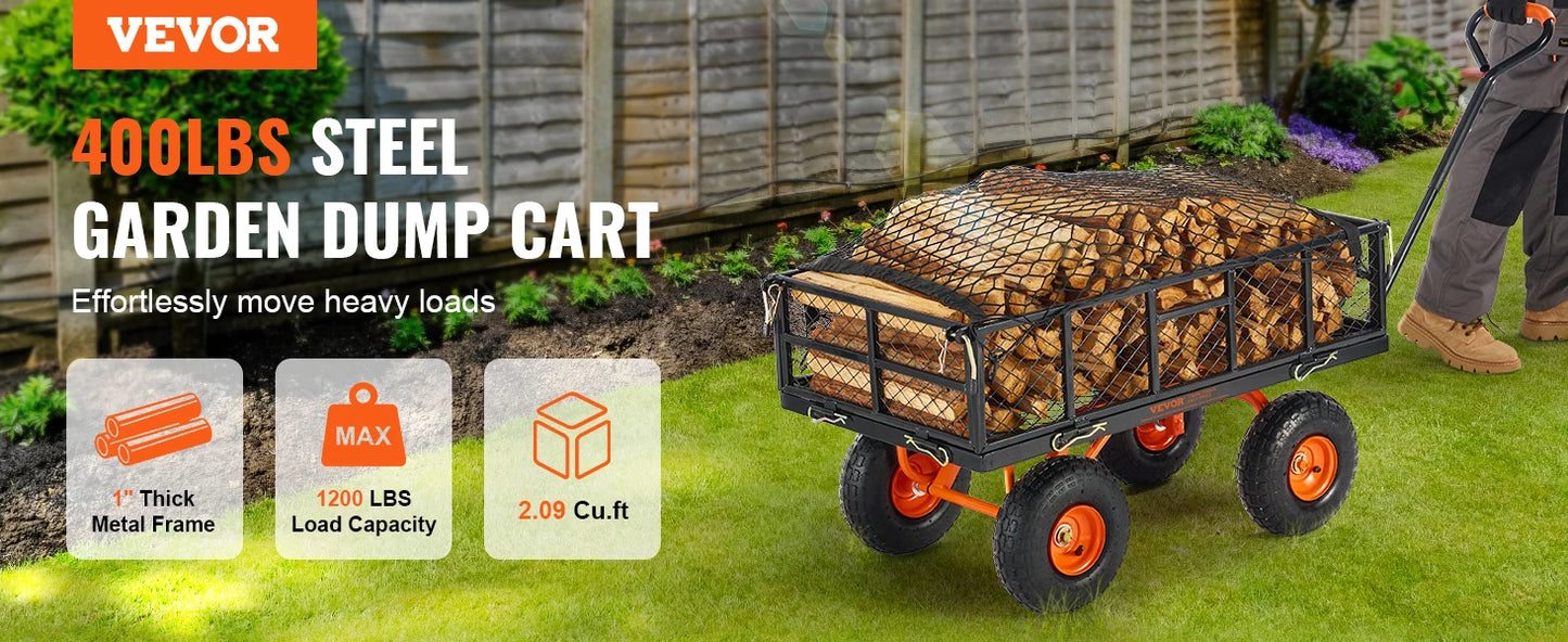 400lbs Steel Garden Dump Cart, Heavy Duty, Wagon with Removable Sides Convert to Flatbed Utility Liner 10in