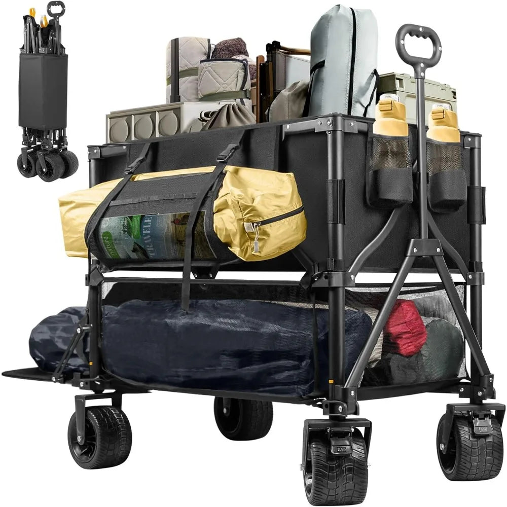 Double Decker Wagon, 600lb Capacity & 400L Collapsible Sports Wagon w/Big Wheels, 54" Extended Utility Folding Cart-