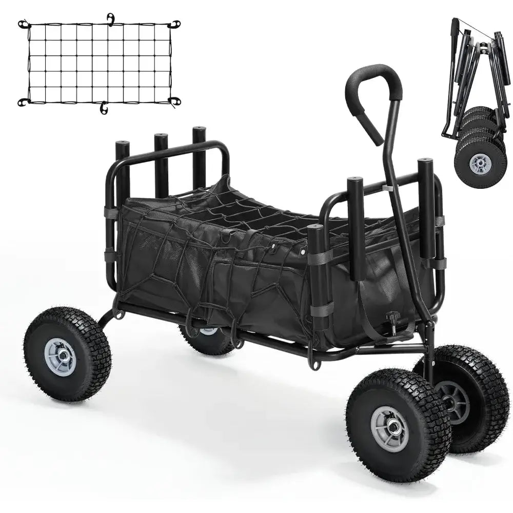 Fishing Cart, Collapsible Wagon with 11” All Terrain Big Wheels, Heavy-Duty Fishing Cart with 6 Rod Holders and Storage Pockets - side view with net
