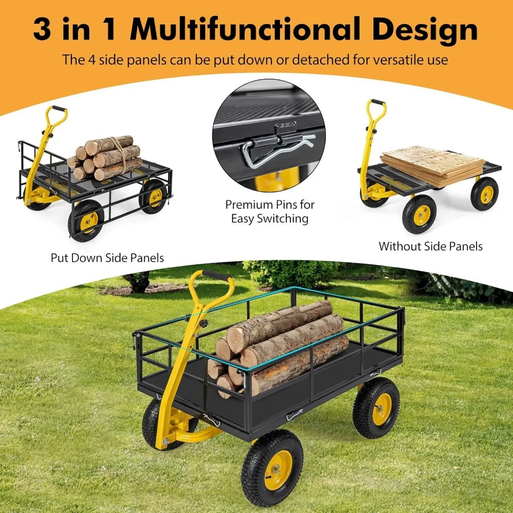 1200LBS Utility Wagon with 4 Removable Sides, 13” Pneumatic Wheels, Adjustable Handle, Convert into Flatbed, 3-in-1 Heavy Duty