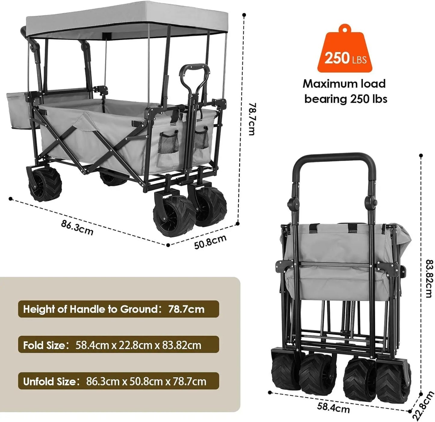 262L Collapsible Wagon cart with Removable Canopy, 115kg Capacity Push & Pull Utility Cart 600D Oxfort, Off-road wheel