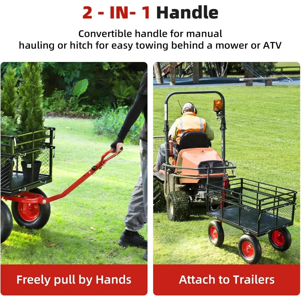 1400lbs Steel Garden Cart, Heavy Duty Yard & Garden Wagon w Removable Mesh Sides, Utility Metal Wagon Convert into Flatbed