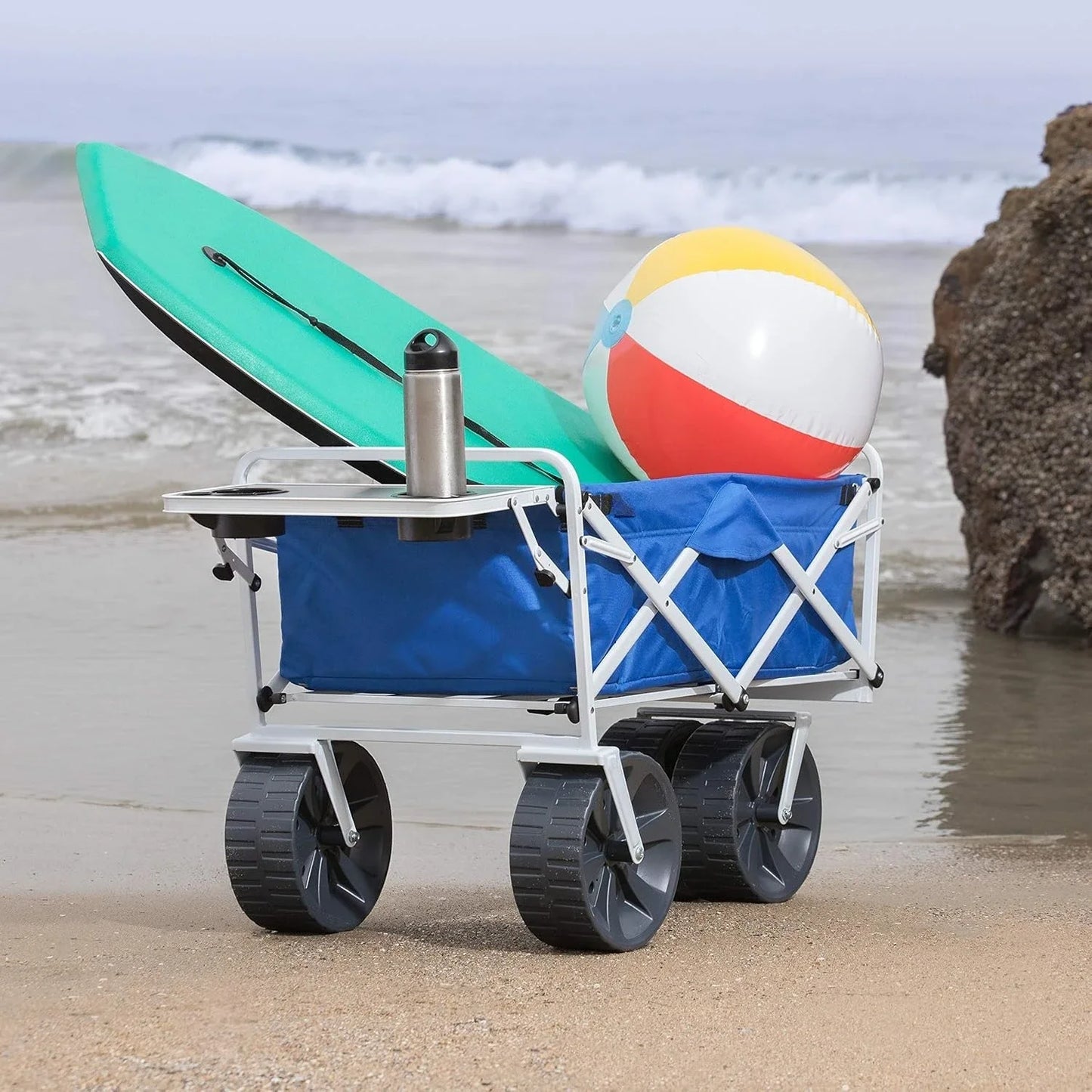 Heavy Duty All Terrain Beach Wagon with Side Table - Collapsible Folding Cart with Large Wheels