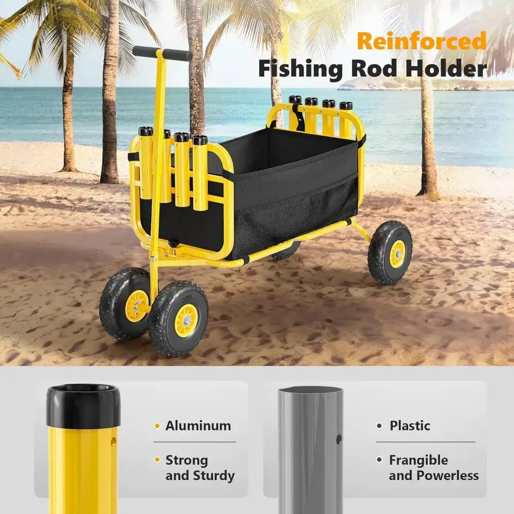 Fishing Cart, Foldable Trolley with 11" Airless Tires, Beach Trailer with Large Cargo Basket, 550 lbs Load Capacity, 8 Fishing Rod holders - reinforced rod holders