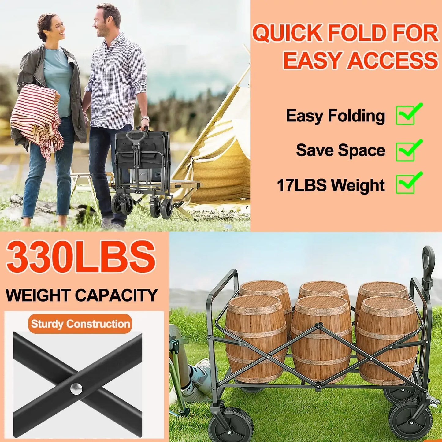 Folding Wagon, Large Capacity Heavy Duty Foldable Wagon Cart, Portable Utility Cart, All-Terrain Wheels