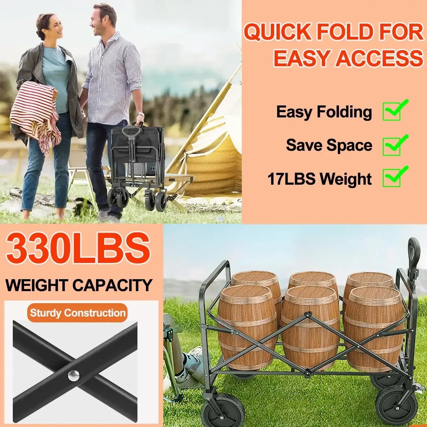 Large Capacity Foldable Wagon Cart, Heavy Duty, Portable Utility Cart, All-Terrain Wheels -f oldable wagons
