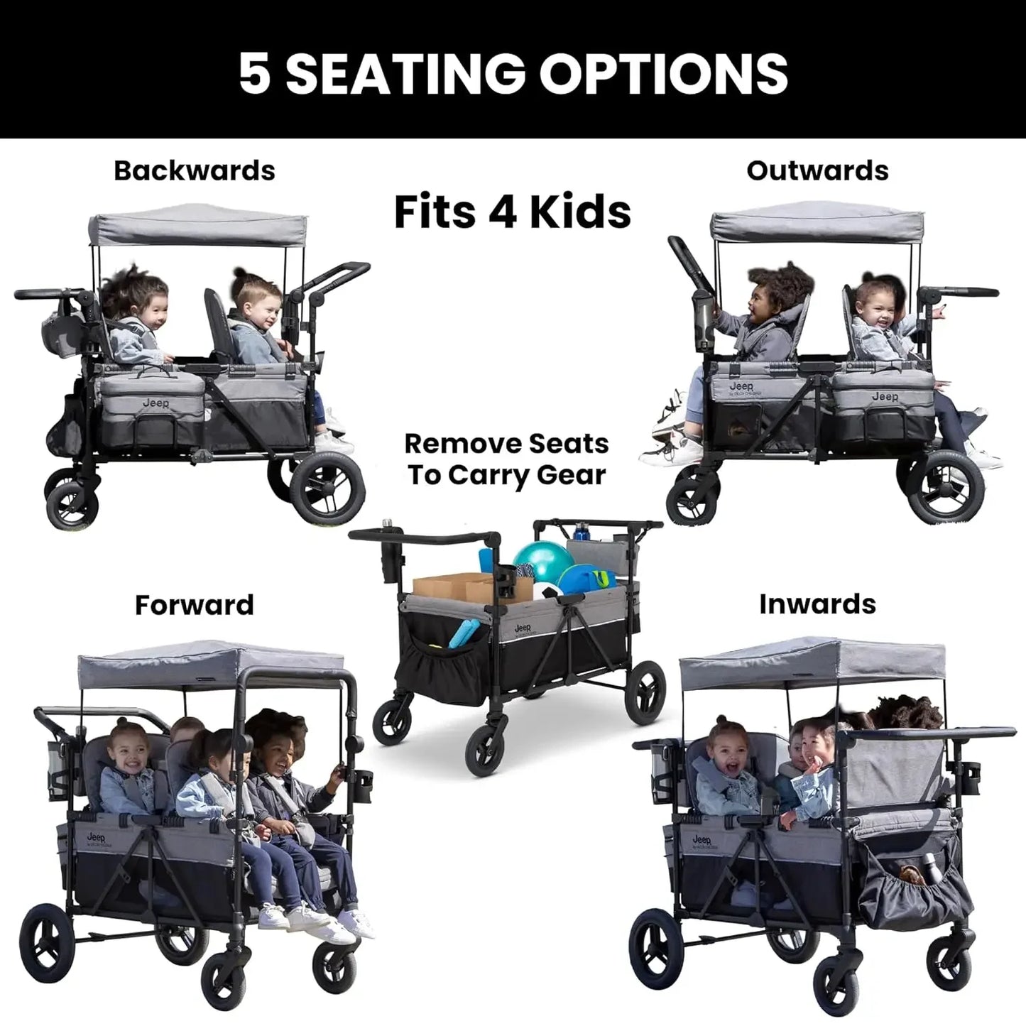 4 Seater Wrangler Deluxe Stroller Wagon - Premium Quad Stroller Wagon for 4 Kids with Convertible Seats