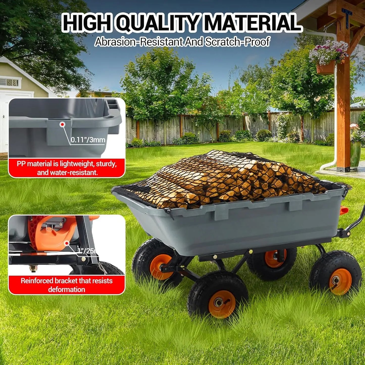 Garden Dump Cart, Versatile Steel Frame, Utility Dump Wagon