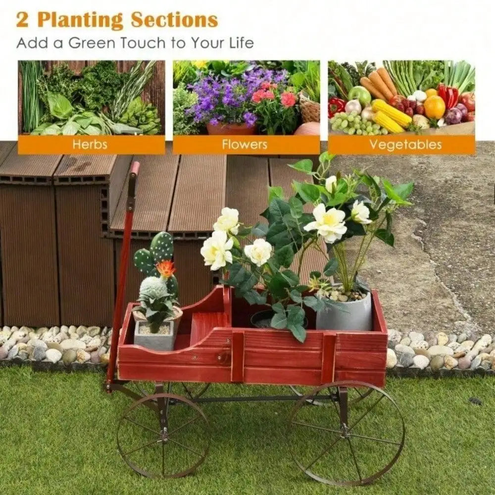Wooden Wagon Plant Bed, Metal Wheels Garden Yard Patio Planter, Cart W/ Wood Frame