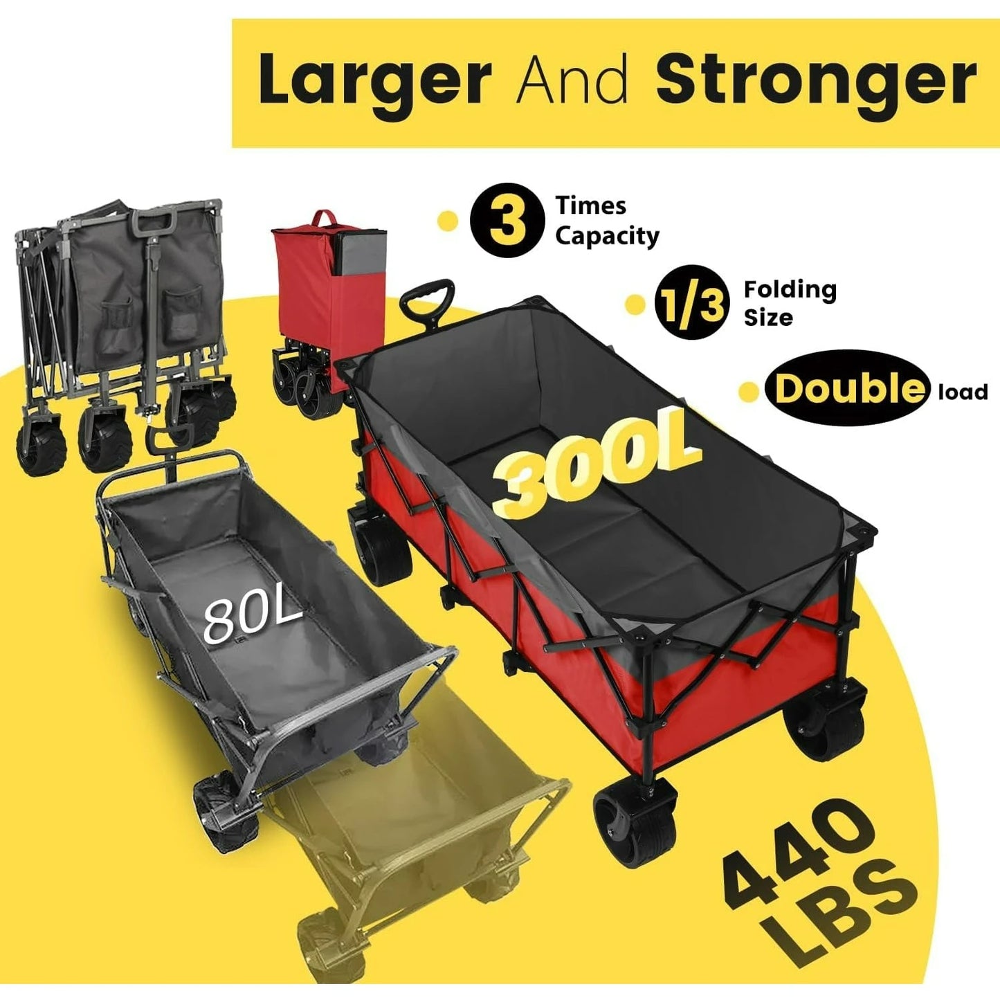 48''L Collapsible Foldable Extended Wagon with 440lbs Weight Capacity, Heavy Duty 300L Wagon Cart