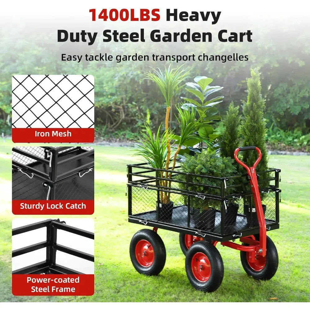 1400lbs Steel Garden Cart, Heavy Duty Yard & Garden Wagon w Removable Mesh Sides, Utility Metal Wagon Convert into Flatbed