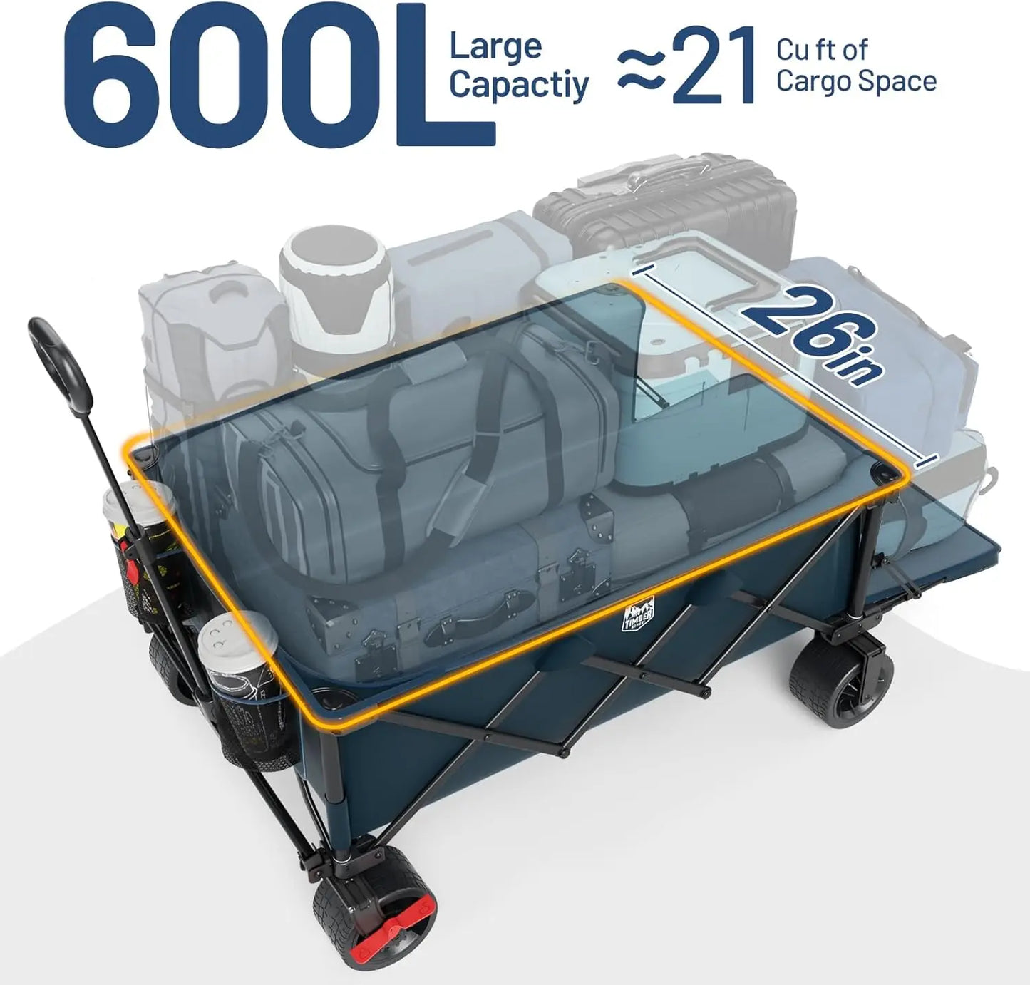 600L Beast Wagon 26" W Extra Wide All Terrain Folding w/Big Wheels, Cargo Net & Tailgate, 26" W and 55" L