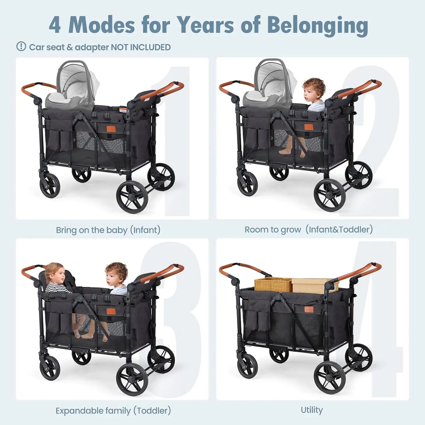 Wagon Stroller for 4 Kids, All-Terrain Collapsible Wagon for Toddlers with Canopy, Parent Organizer, Shoulder Bag, Adjustable Handlebar