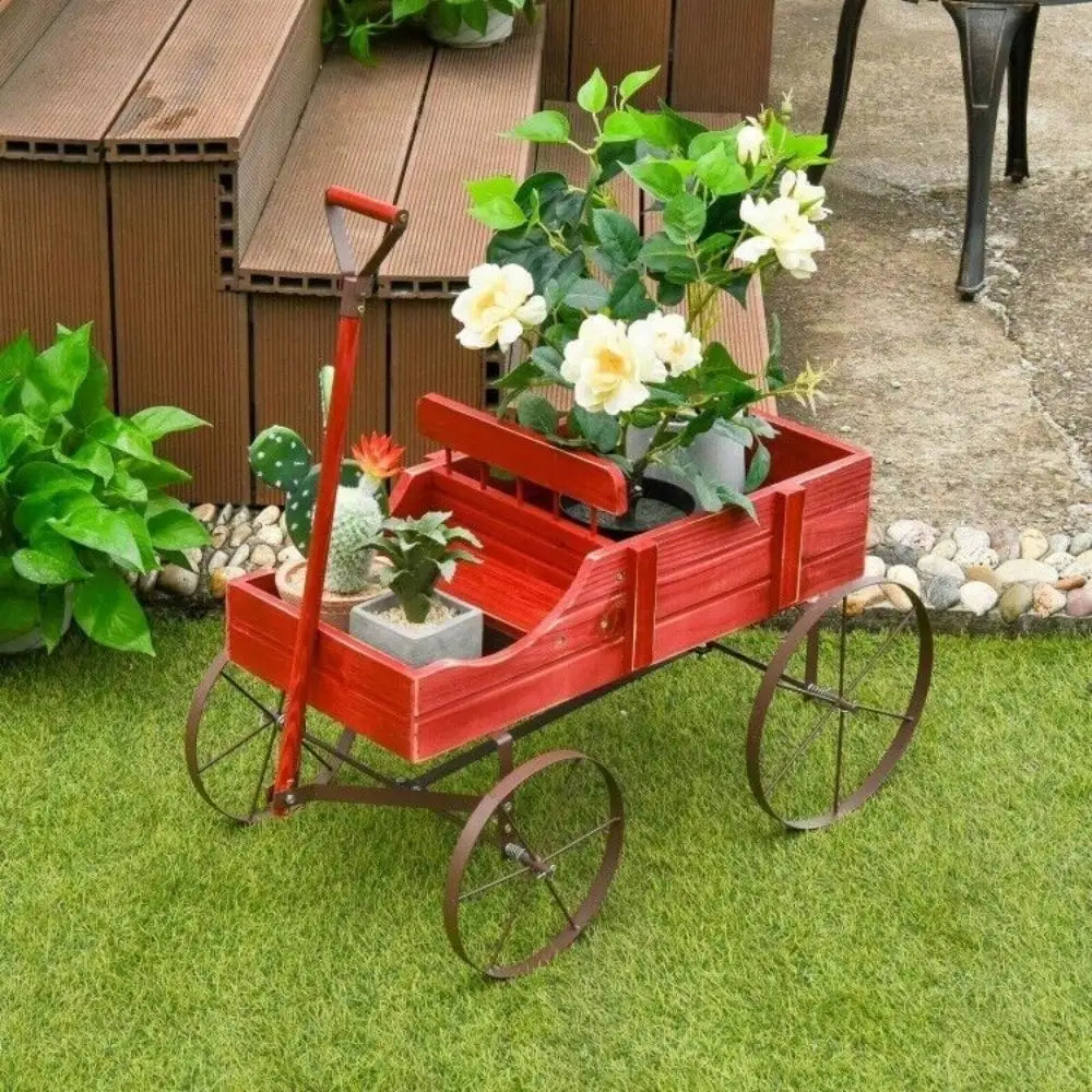 Wooden Wagon Plant Bed, Metal Wheels Garden Yard Patio Planter, Cart W/ Wood Frame